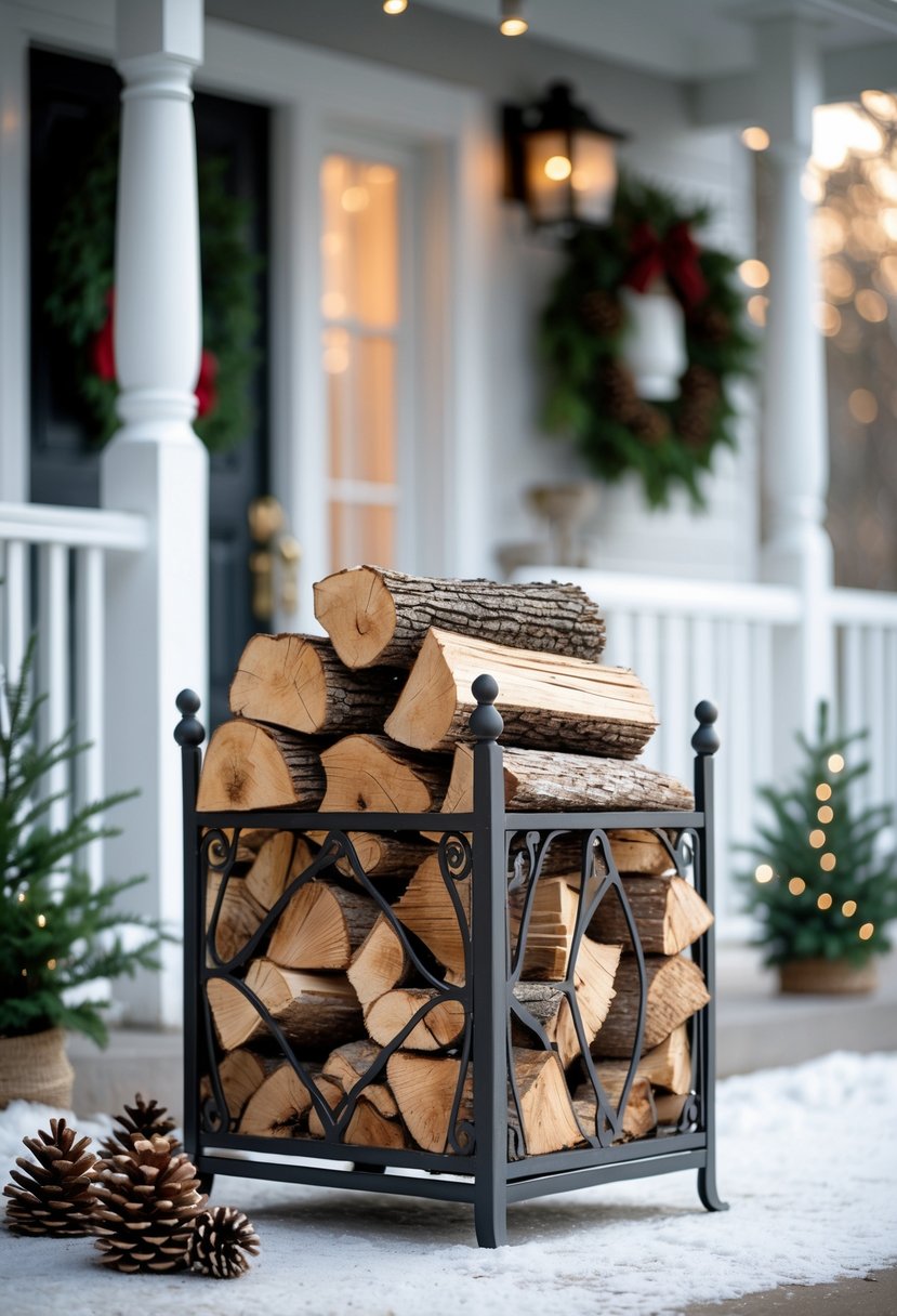 Firewood neatly stacked in a decorative holder on a winter front porch with seasonal greenery around it.